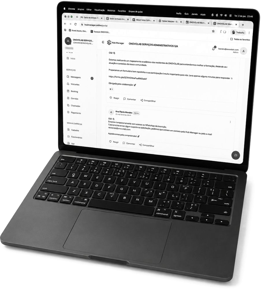 Mockup da plataforma Comunidade Digital com perfis, agenda e fóruns